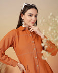 Solid Orange Shirt Collar Dress