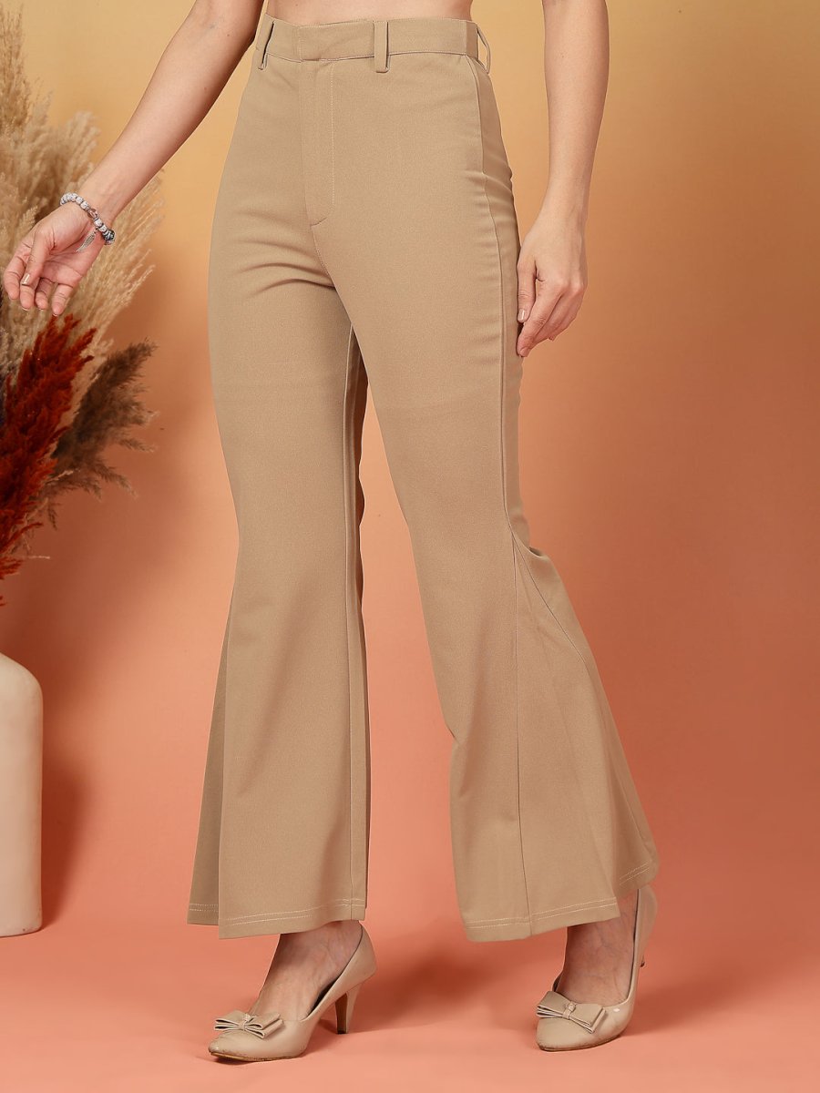 Beige Solid Regular Fit Trousers