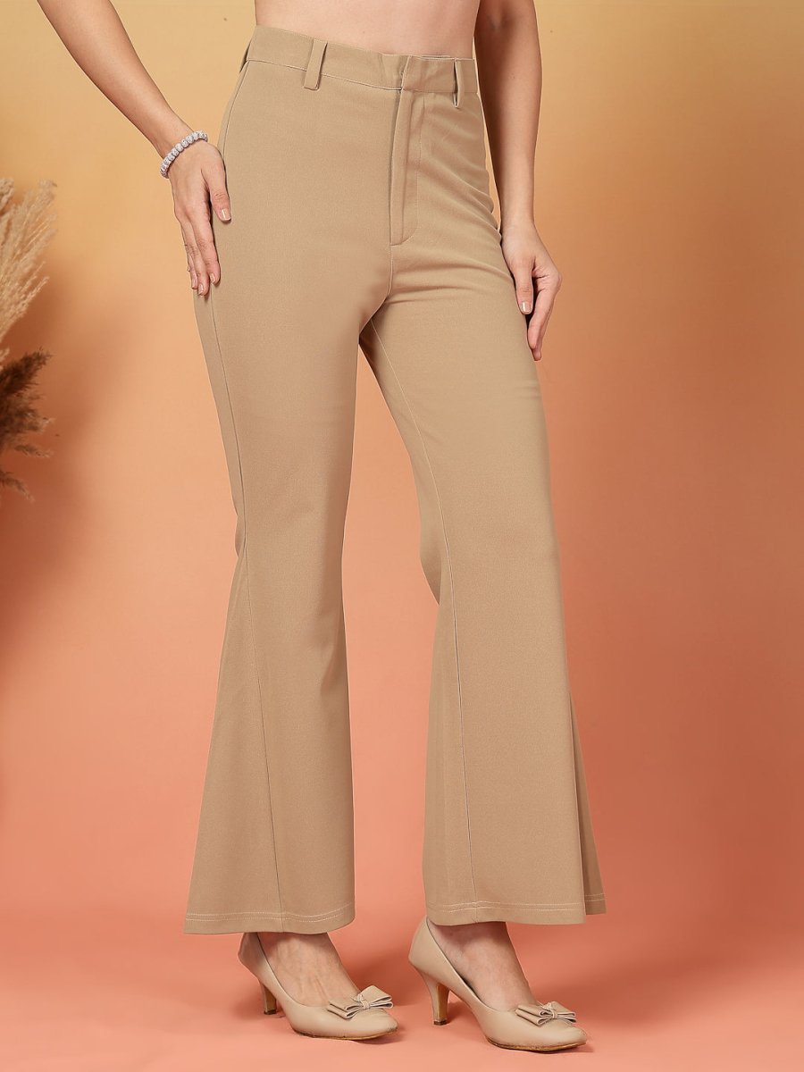 Beige Solid Regular Fit Trousers
