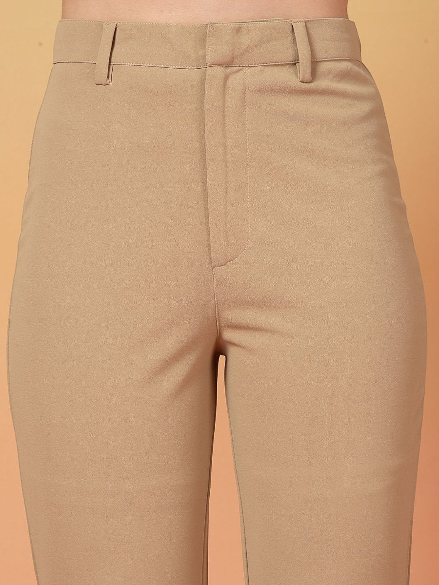 Beige Solid Regular Fit Trousers