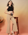 Beige Solid Regular Fit Trousers