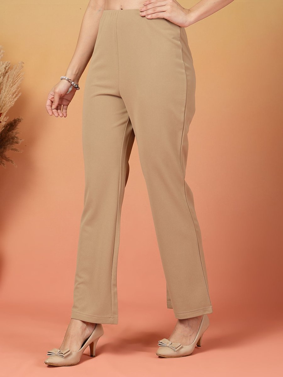 Beige Solid Regular Fit Flat-front Trouser