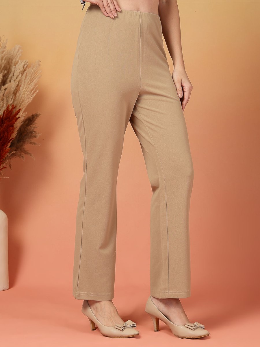 Beige Solid Regular Fit Flat-front Trouser