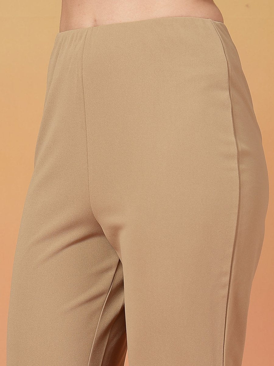 Beige Solid Regular Fit Flat-front Trouser