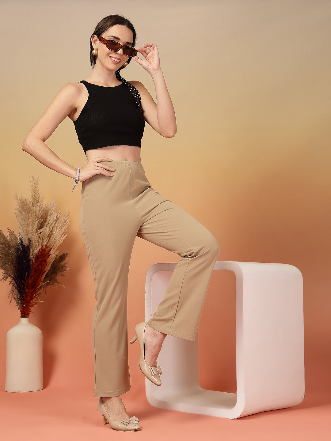 Beige Solid Regular Fit Flat-front Trouser