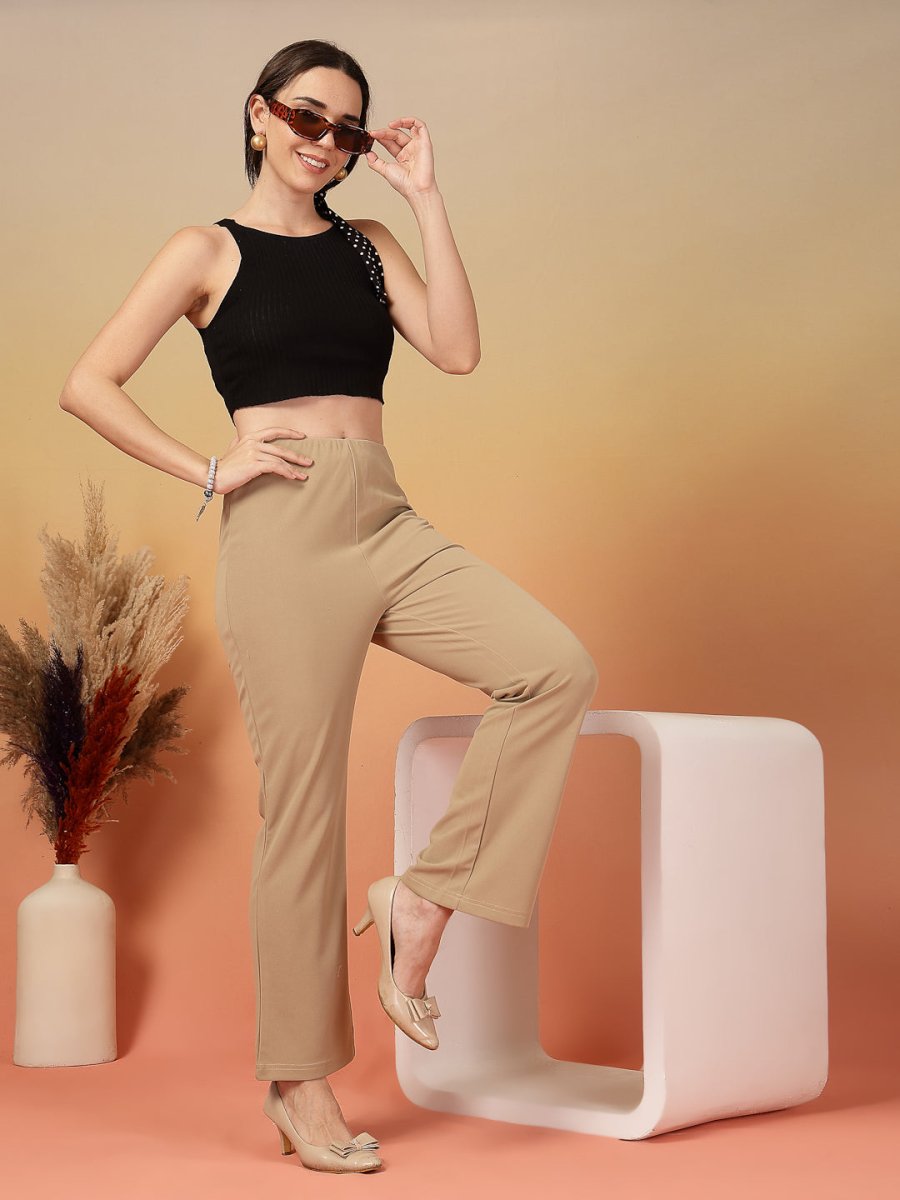 Beige Solid Regular Fit Flat-front Trouser