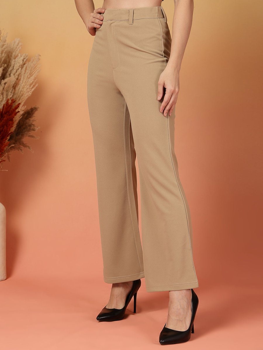 Beige Solid Regular Fit front Flate Trouser