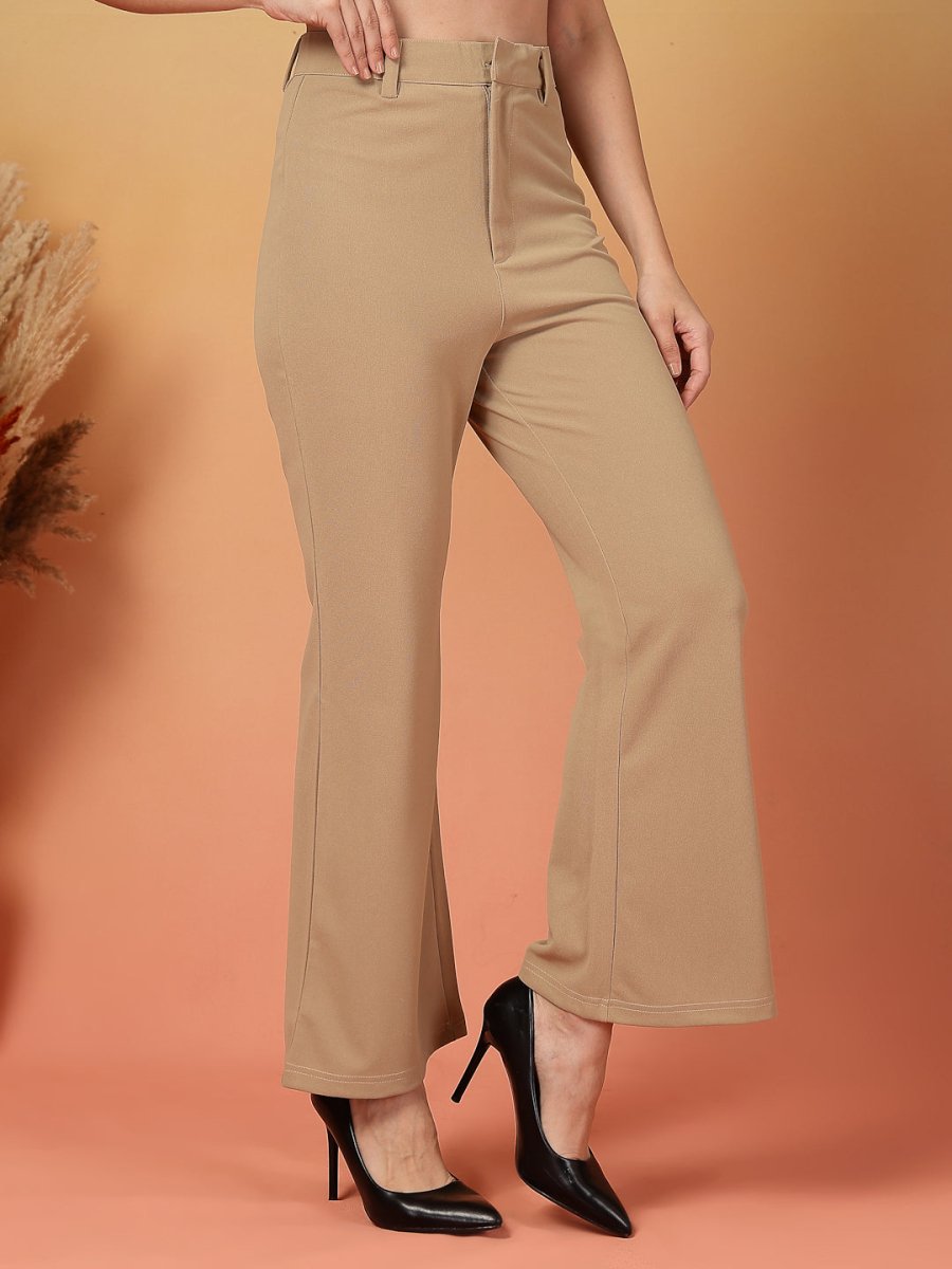 Beige Solid Regular Fit front Flate Trouser