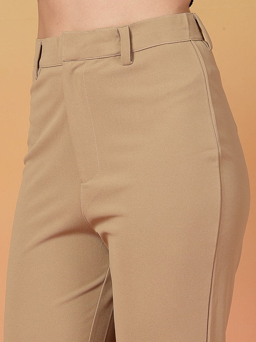 Beige Solid Regular Fit front Flate Trouser