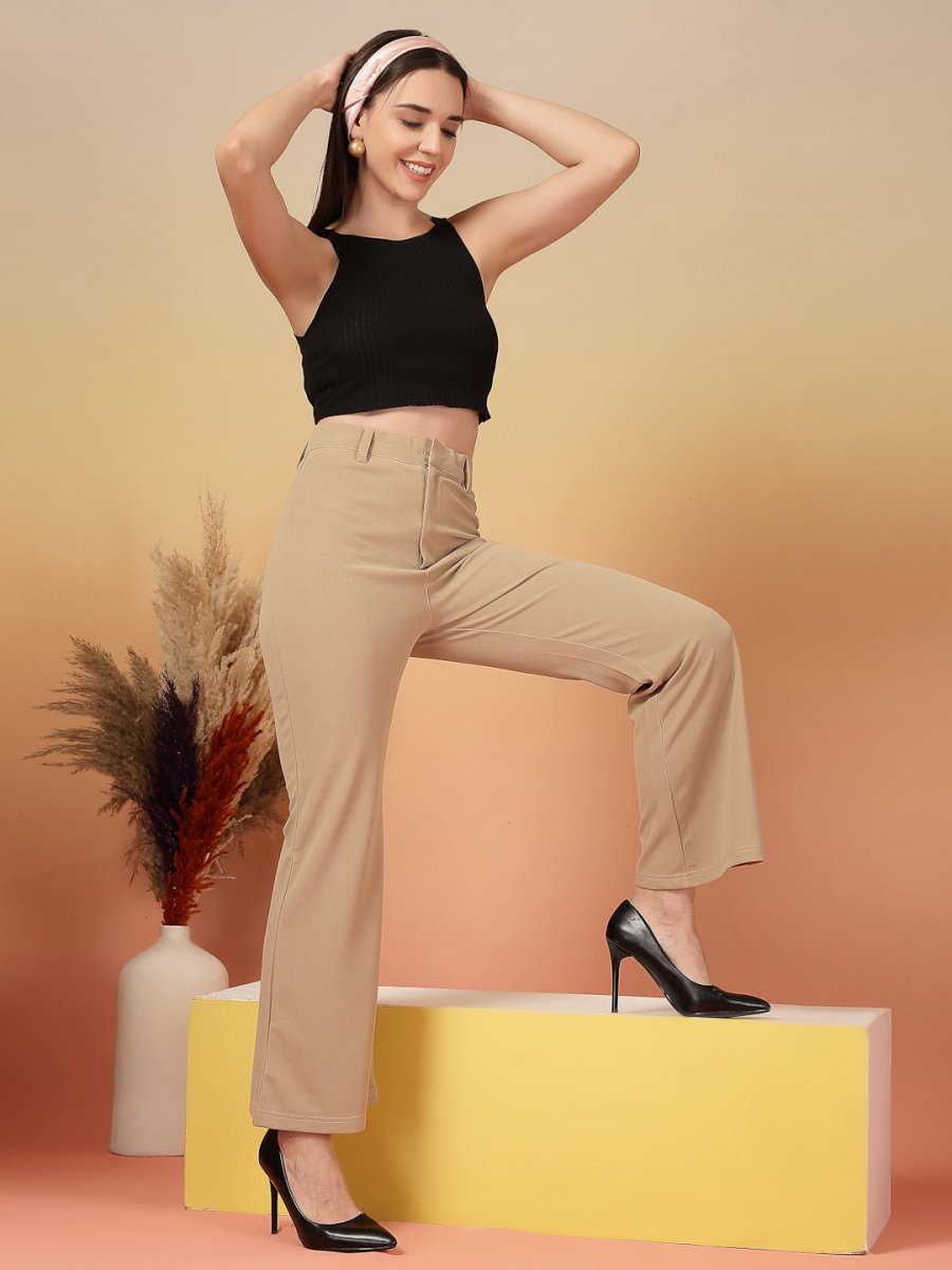 Beige Solid Regular Fit front Flate Trouser