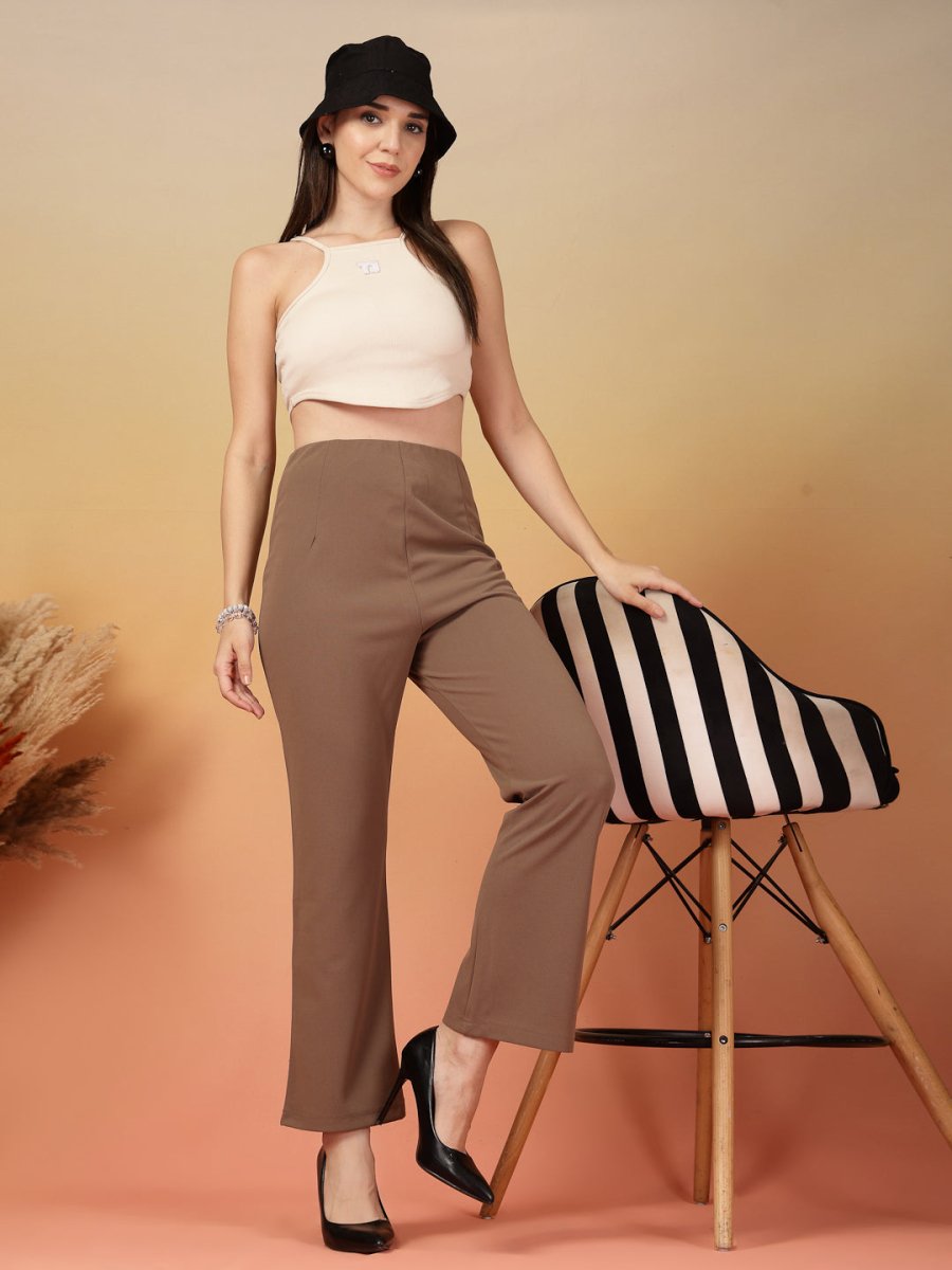 Brown Solid Regular Fit Flat-front Trouser