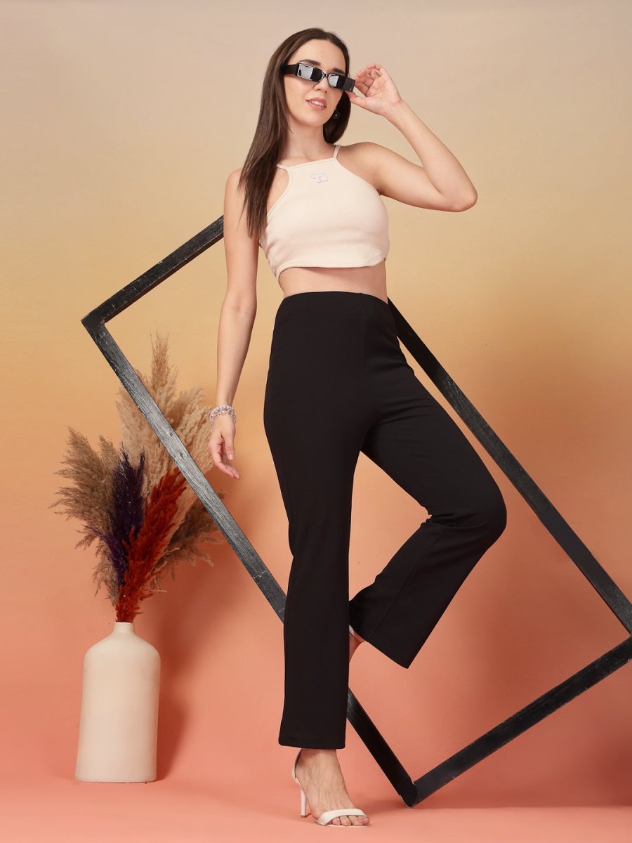 Black Solid Regular Fit Flat-front Trouser