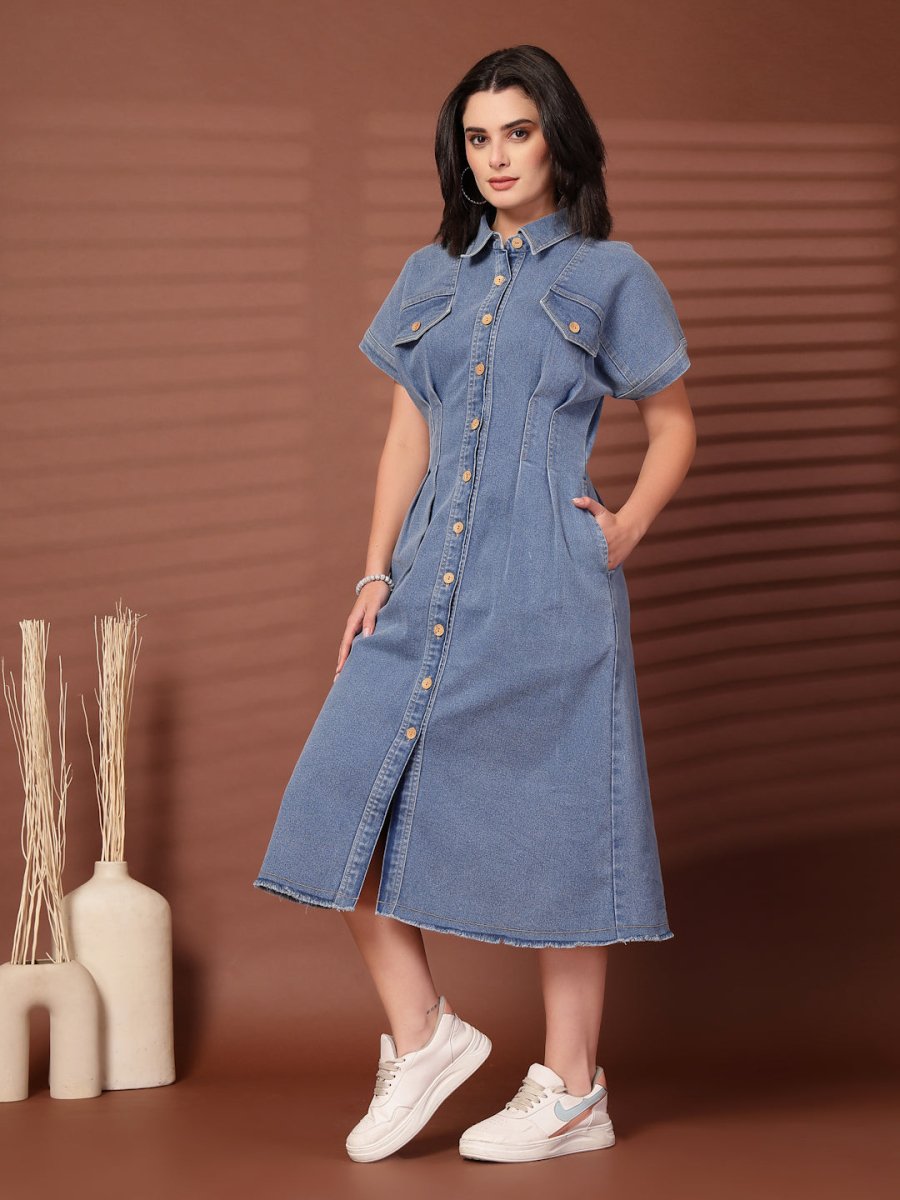 Solid Blue Shirt Collar Midi Dress