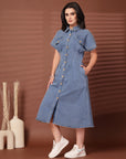 Solid Blue Shirt Collar Midi Dress
