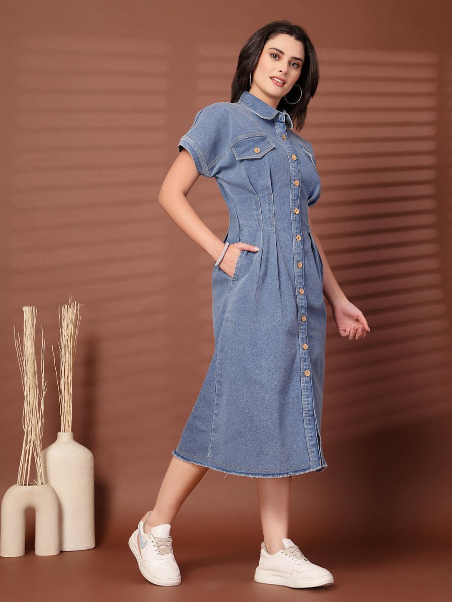 Solid Blue Shirt Collar Midi Dress