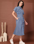 Solid Blue Shirt Collar Midi Dress