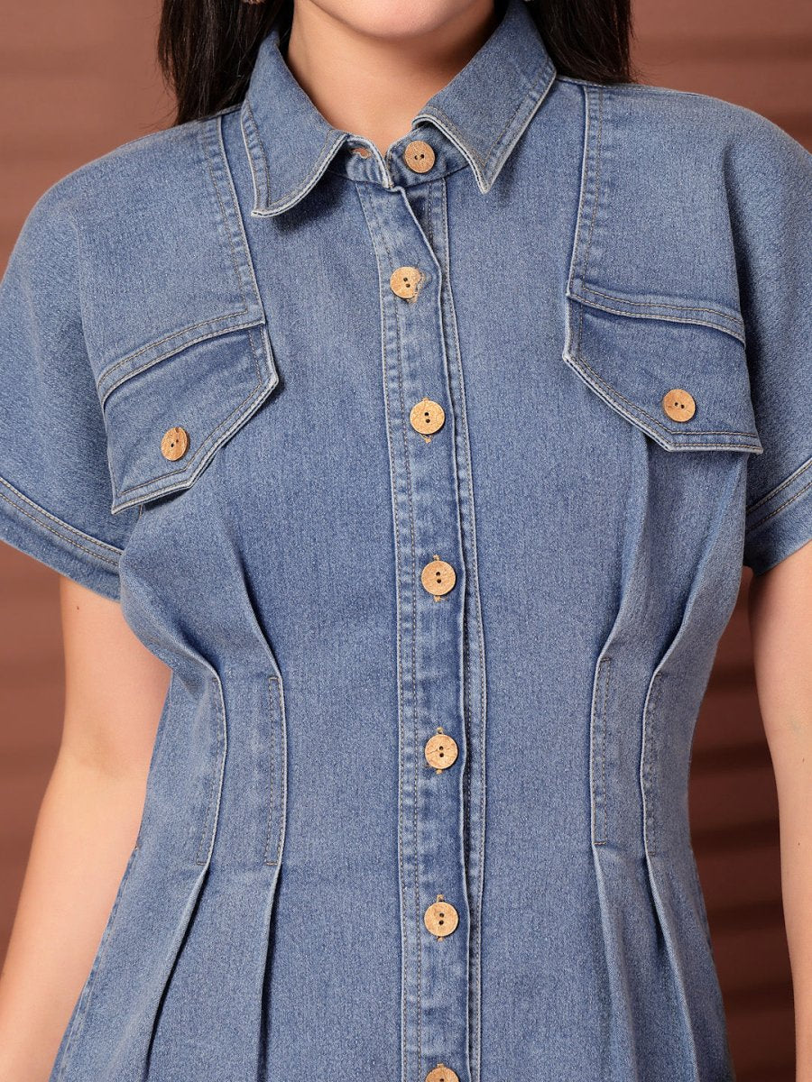 Solid Blue Shirt Collar Midi Dress