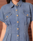 Solid Blue Shirt Collar Midi Dress