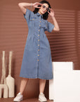 Solid Blue Shirt Collar Midi Dress