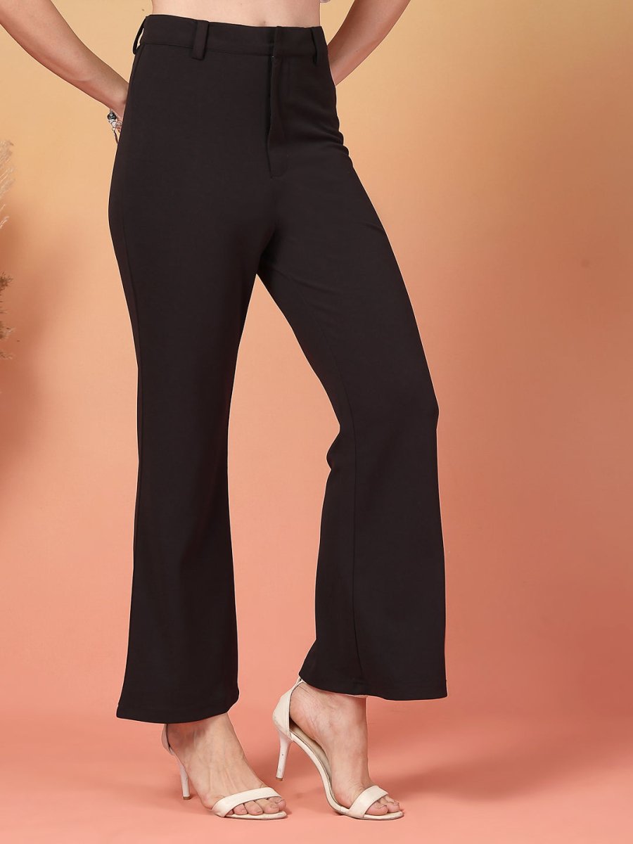 Black Solid Regular Fit front Flate Trouser