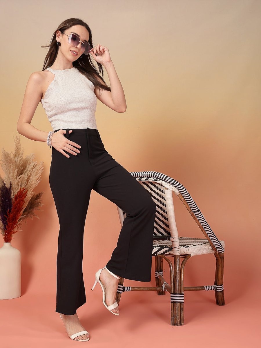 Black Solid Regular Fit front Flate Trouser