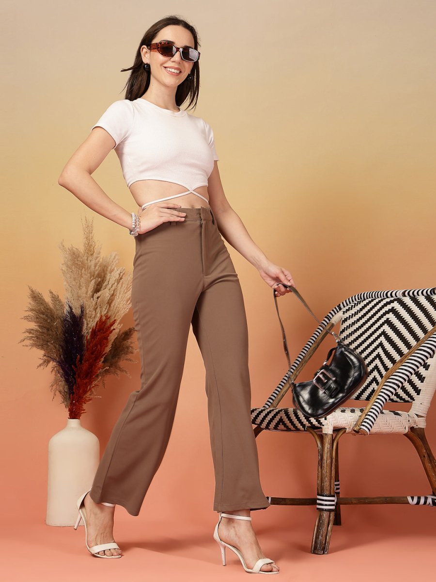 Brown Solid Regular Fit front Flate Trouser