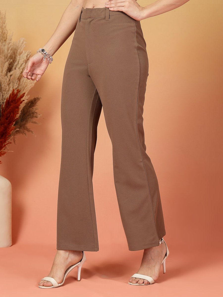 Brown Solid Regular Fit front Flate Trouser