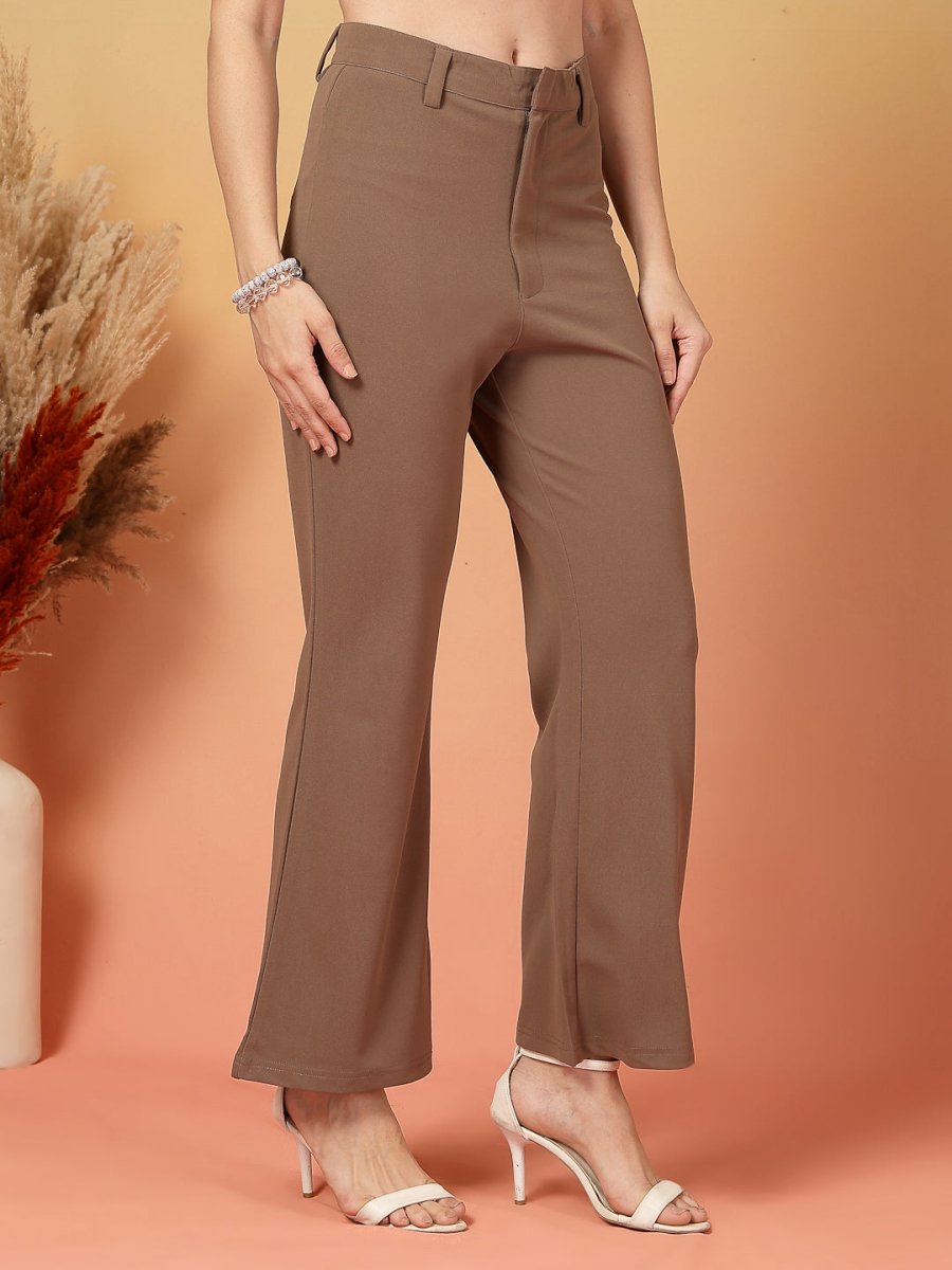 Brown Solid Regular Fit front Flate Trouser