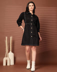 Black Solid Shirt Collared mini dress