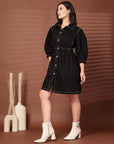 Black Solid Shirt Collared mini dress