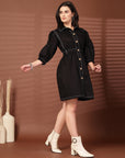 Black Solid Shirt Collared mini dress