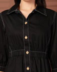 Black Solid Shirt Collared mini dress