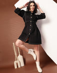 Black Solid Shirt Collared mini dress