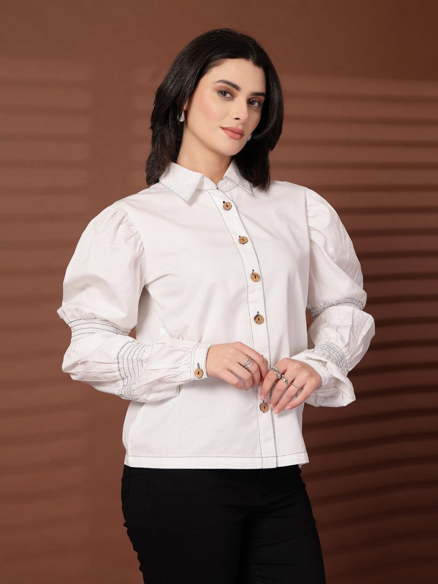 White solid Cotton Casual Buttoned Top