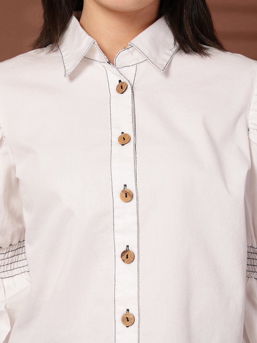 White solid Cotton Casual Buttoned Top