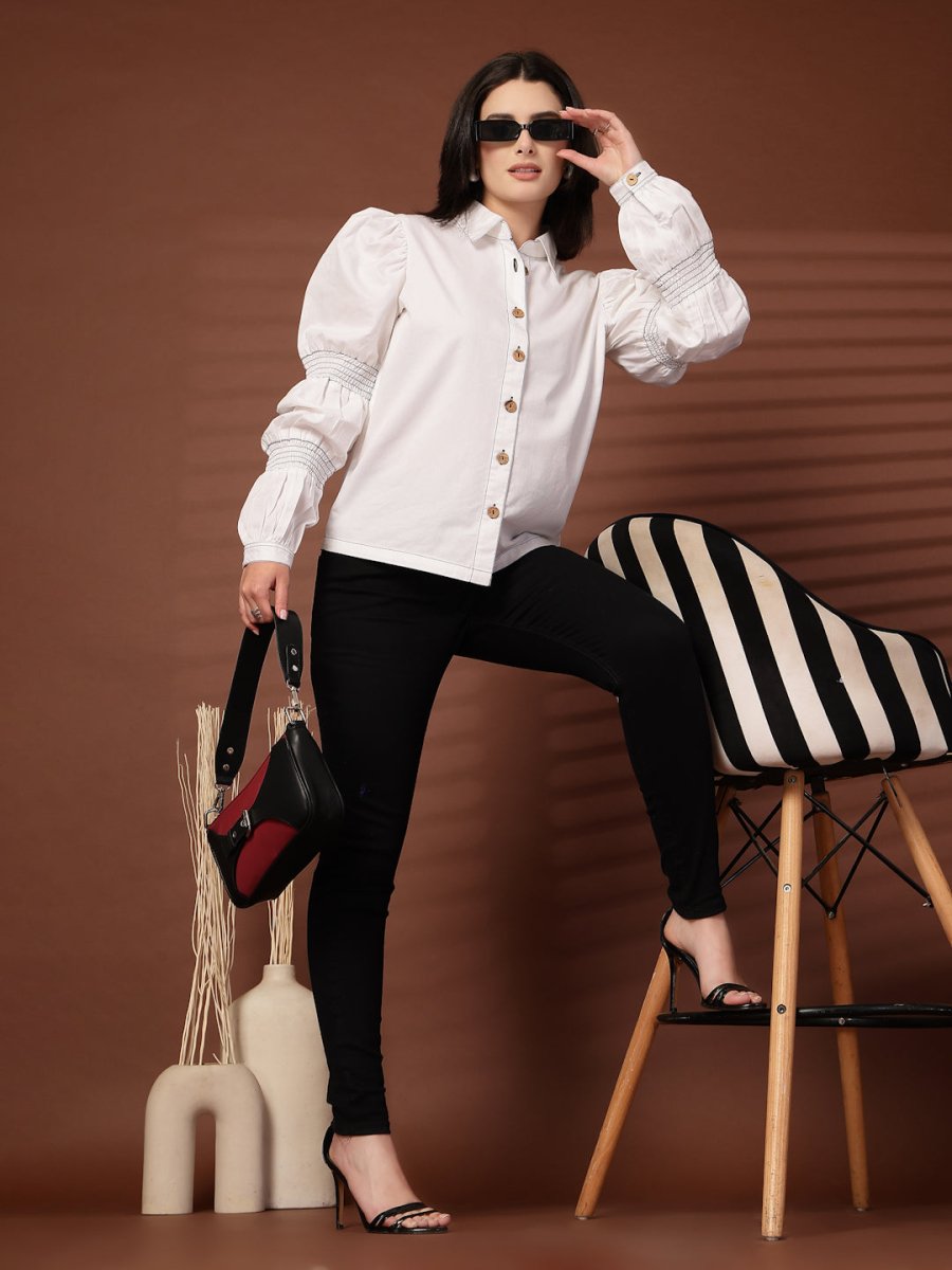 White solid Cotton Casual Buttoned Top