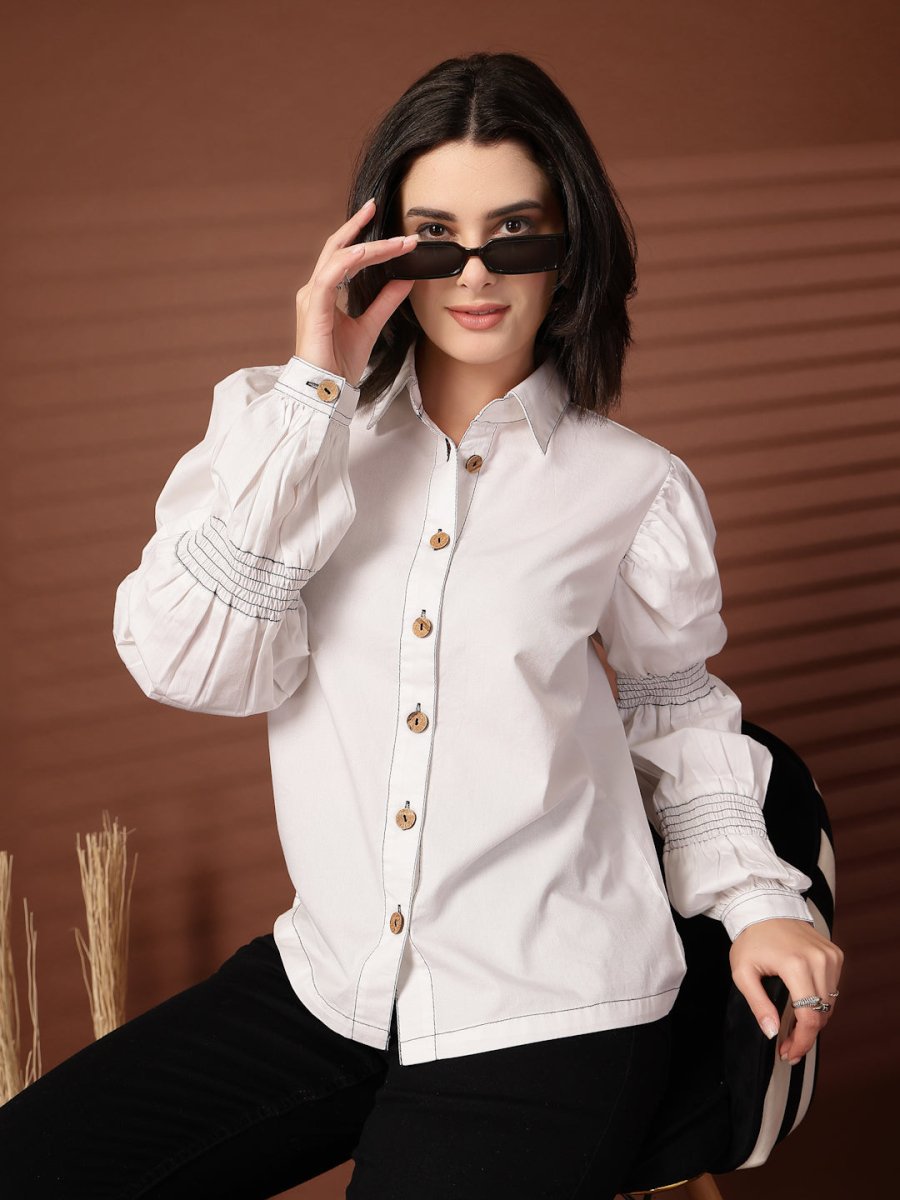 White solid Cotton Casual Buttoned Top