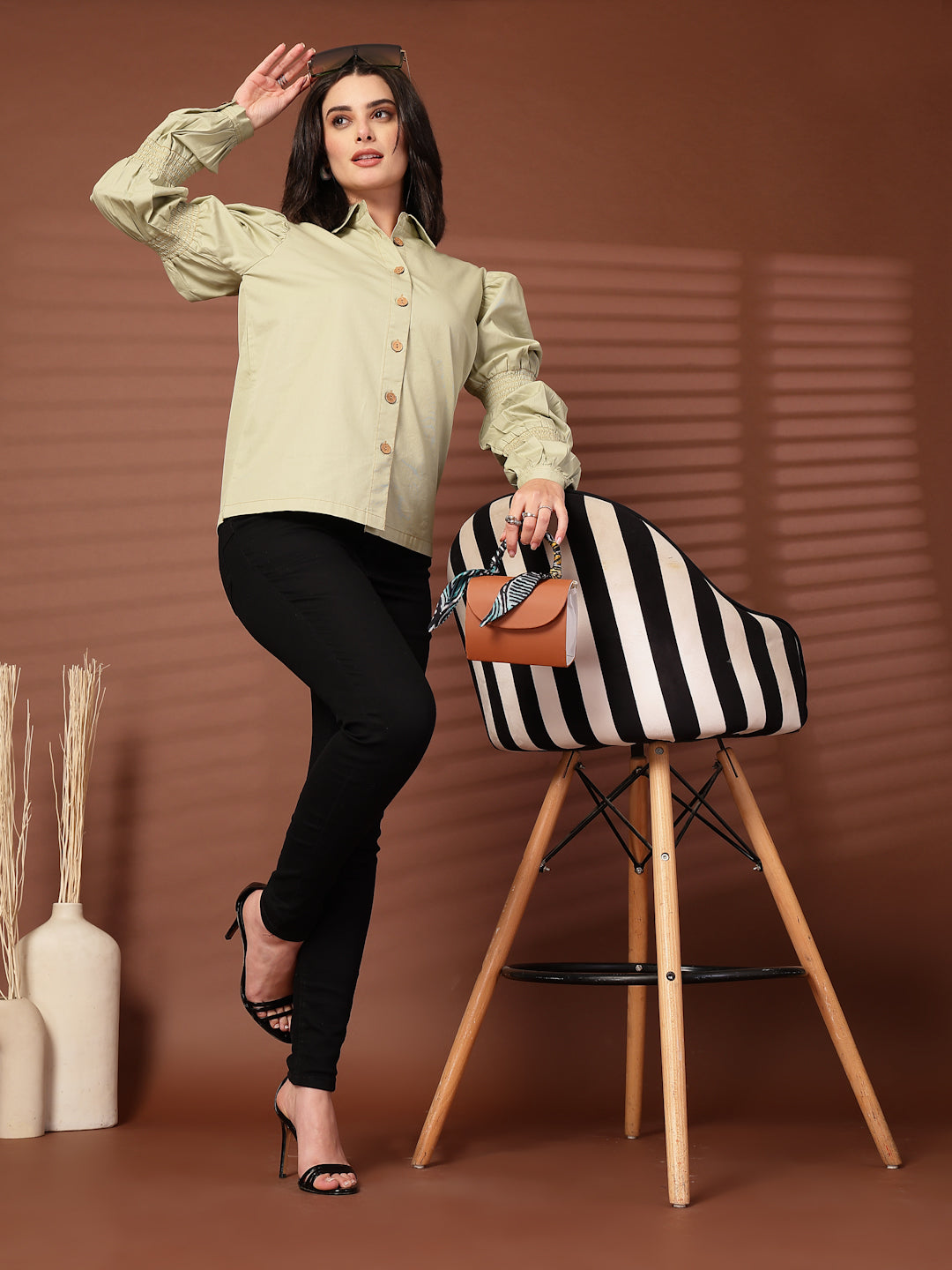 Green solid Casual Buttoned Top