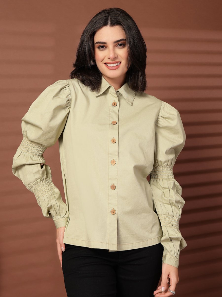 Green solid Casual Buttoned Top
