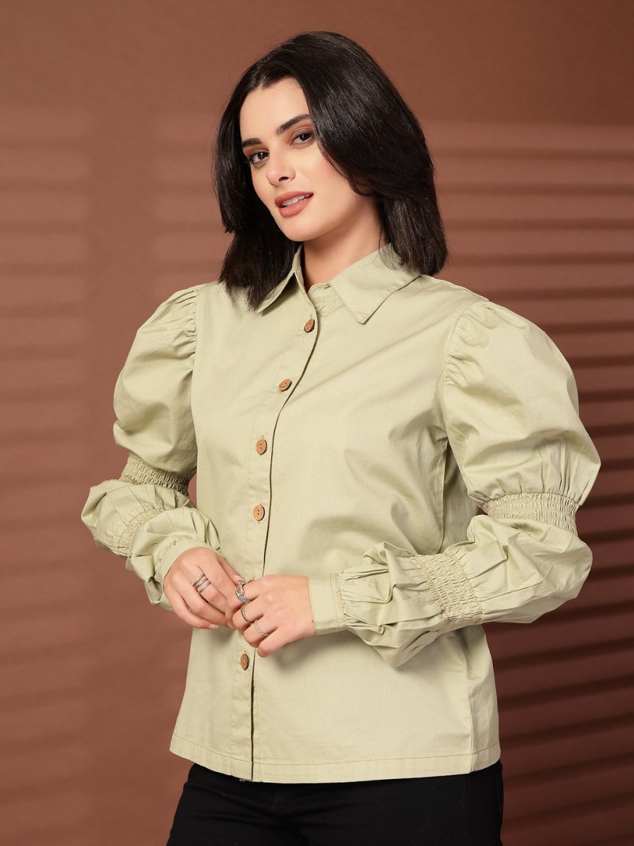 Green solid Casual Buttoned Top