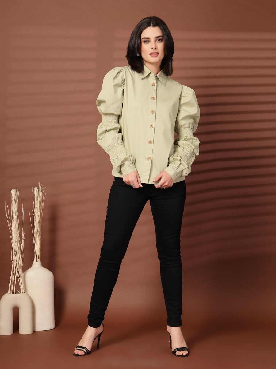 Green solid Casual Buttoned Top