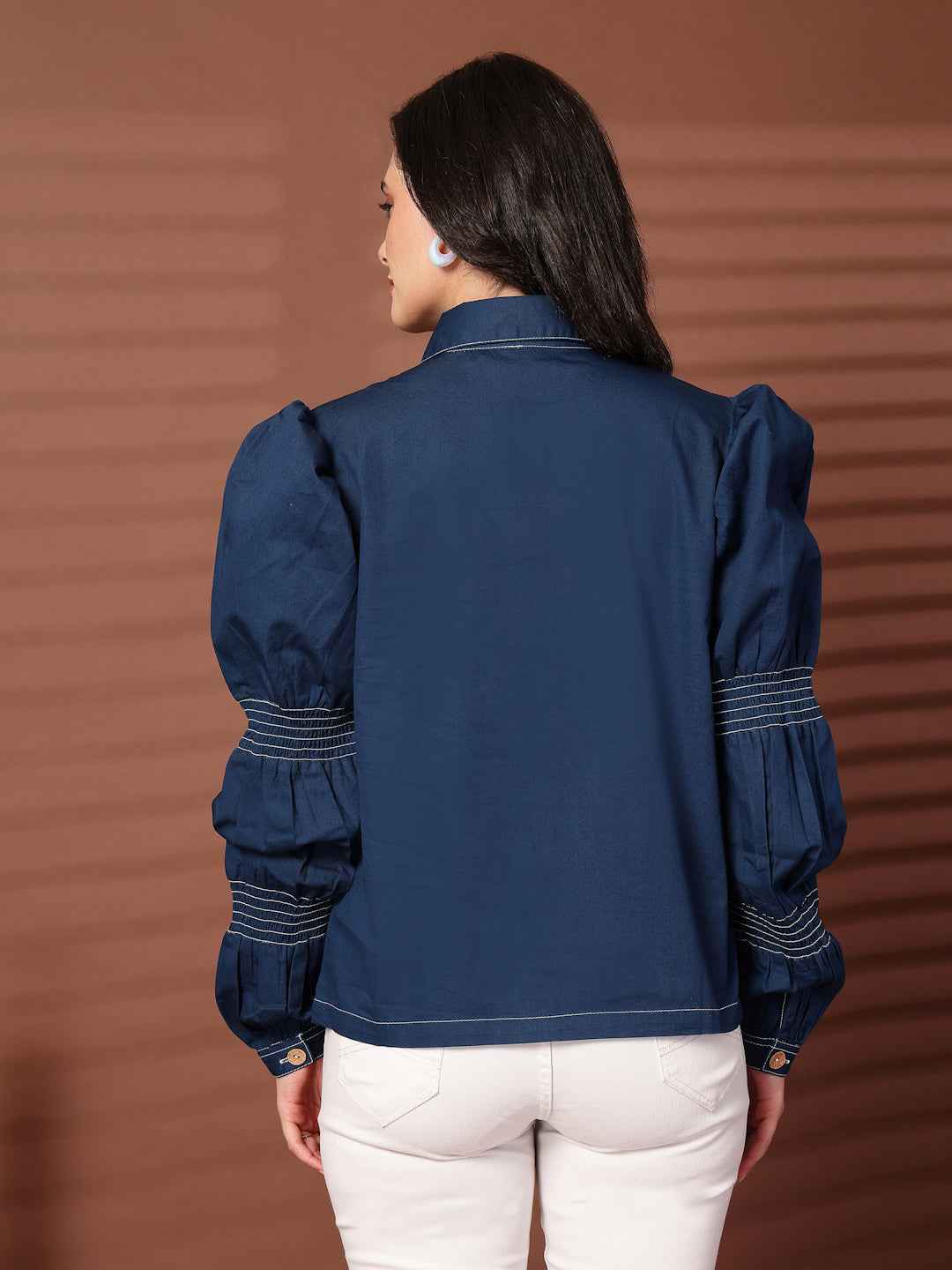 Navy blue solid Casual Buttoned Top