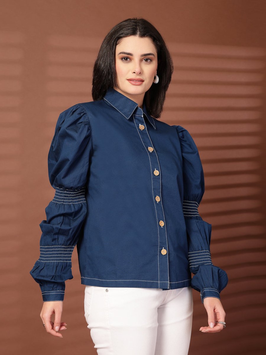 Navy blue solid Casual Buttoned Top