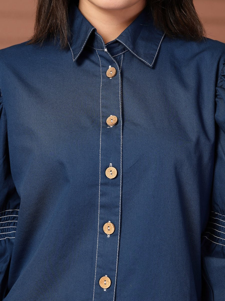Navy blue solid Casual Buttoned Top