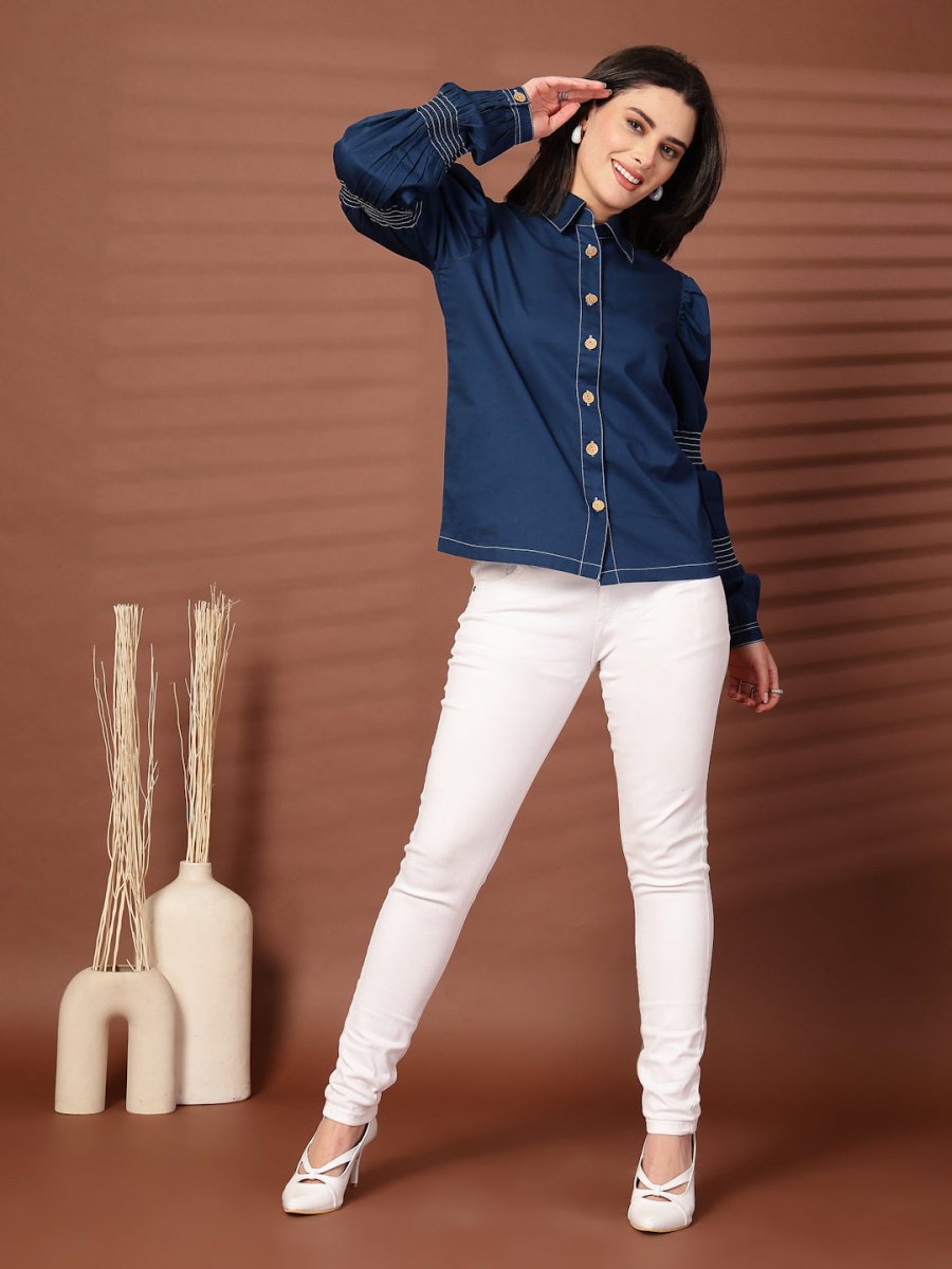 Navy blue solid Casual Buttoned Top