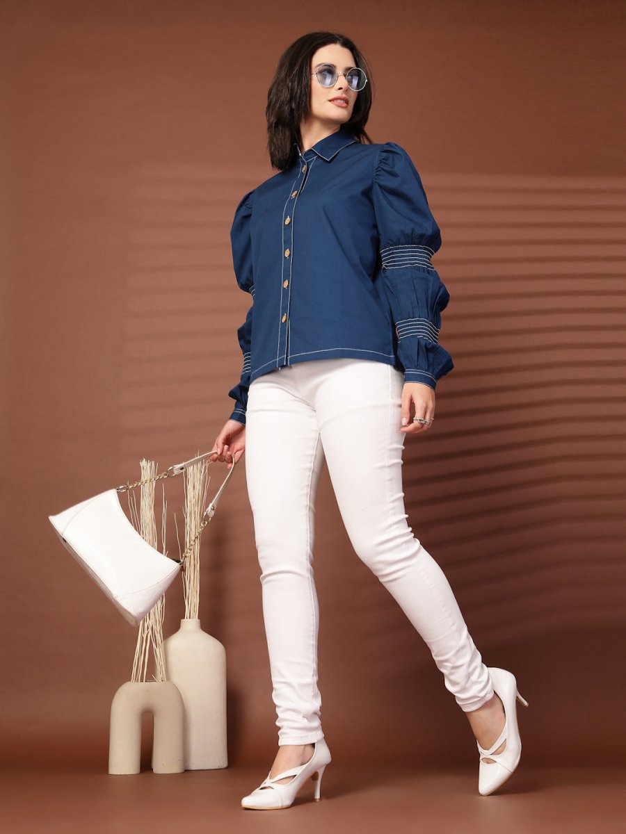 Navy blue solid Casual Buttoned Top