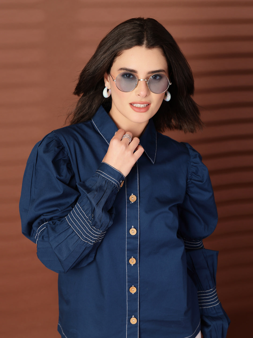 Navy blue solid Casual Buttoned Top
