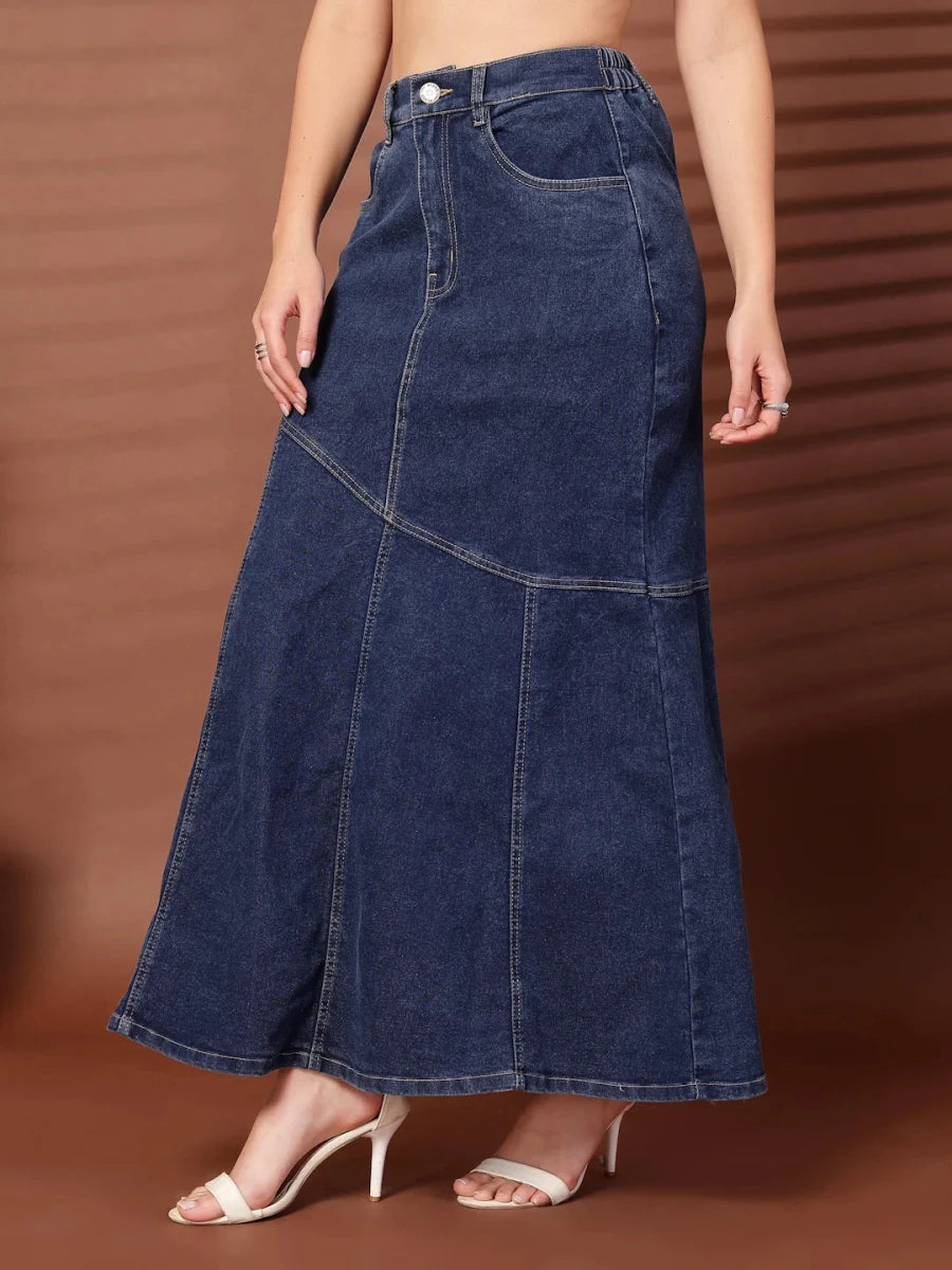 Solid Blue Denim Mermaid Flared Maxi Skirts