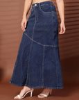 Solid Blue Denim Mermaid Flared Maxi Skirts