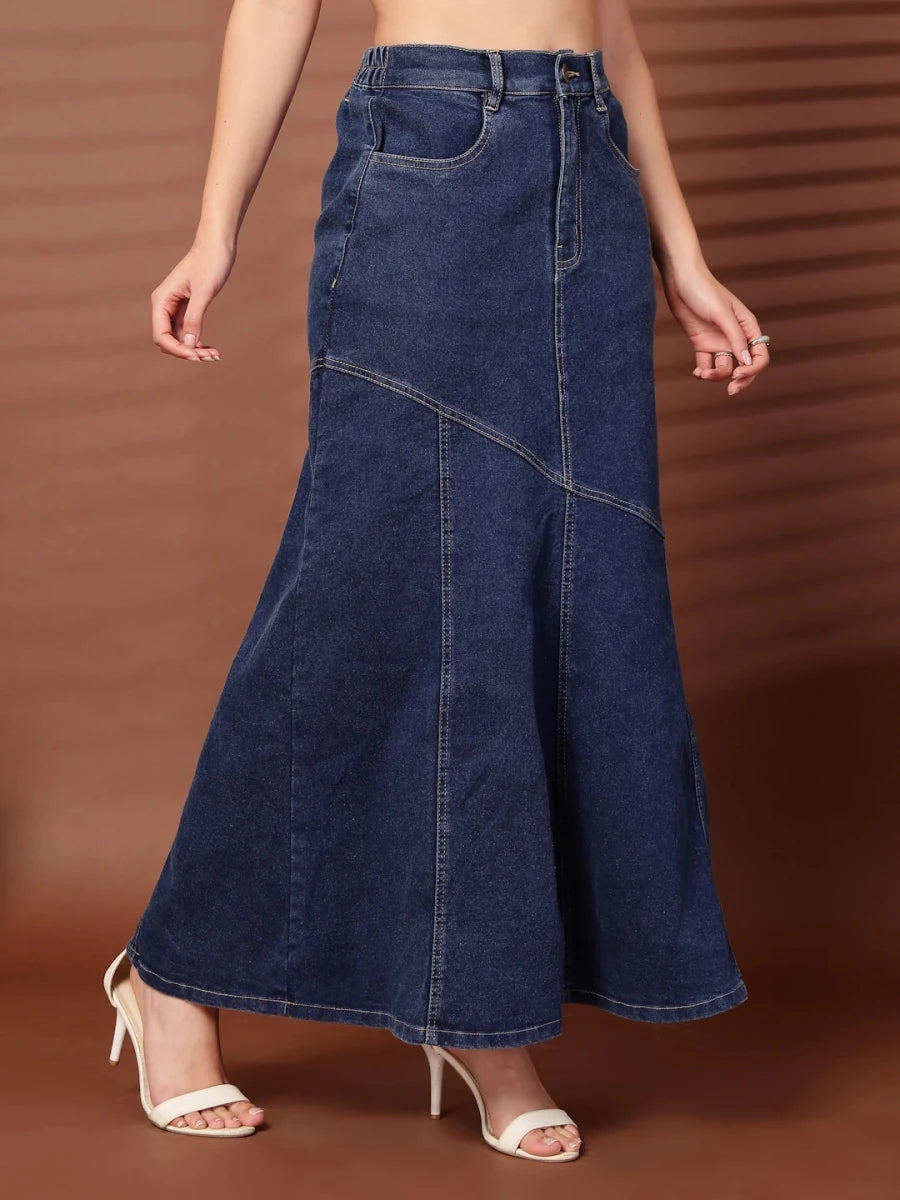 Solid Blue Denim Mermaid Flared Maxi Skirts